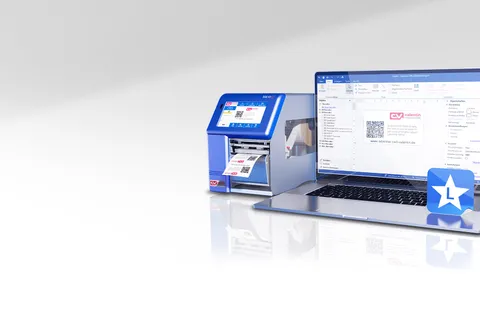 Labelstar Office 7 on a laptop next to a Carl Valentin label printer