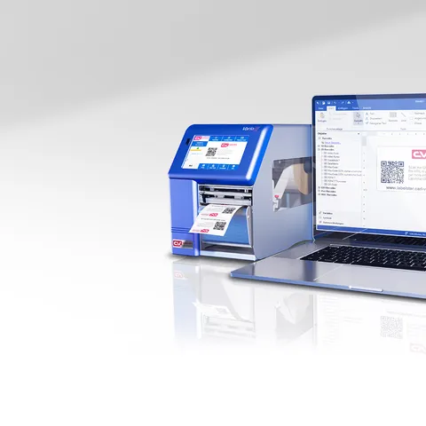 Labelstar Office 7 on a laptop next to a Carl Valentin label printer