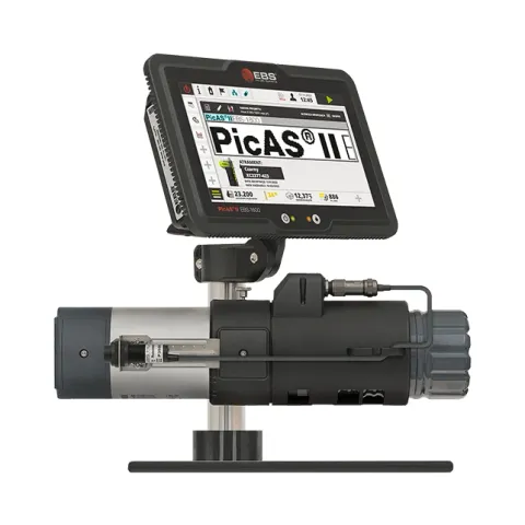 EBS-1600 PicAS II large-character printer: touchscreen controller and printhead on a stand
